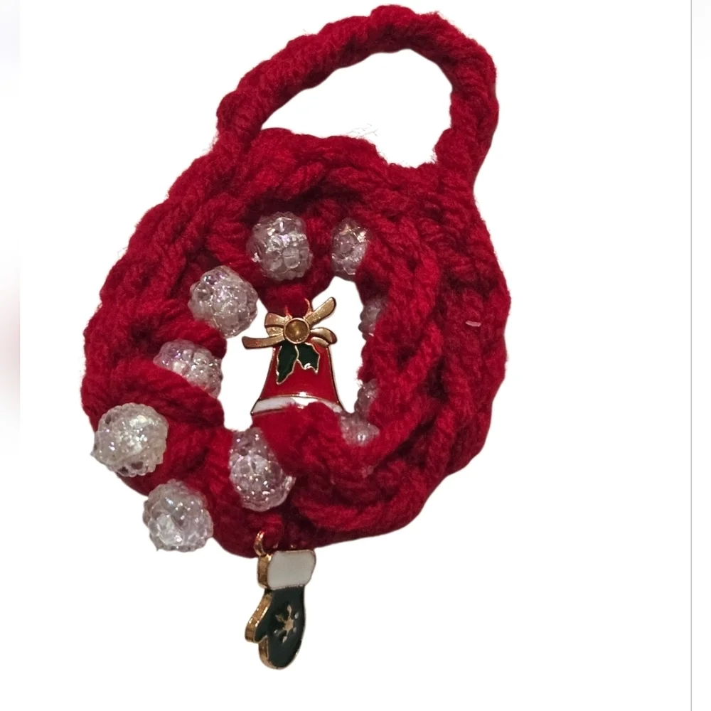 Hand Crafted Hand Crochet Christmas ornaments red beaded 8 mini holiday wreaths